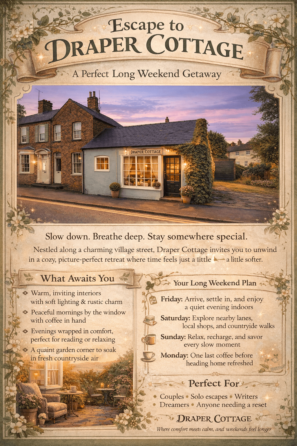 Escape long weekend holiday draper cottage