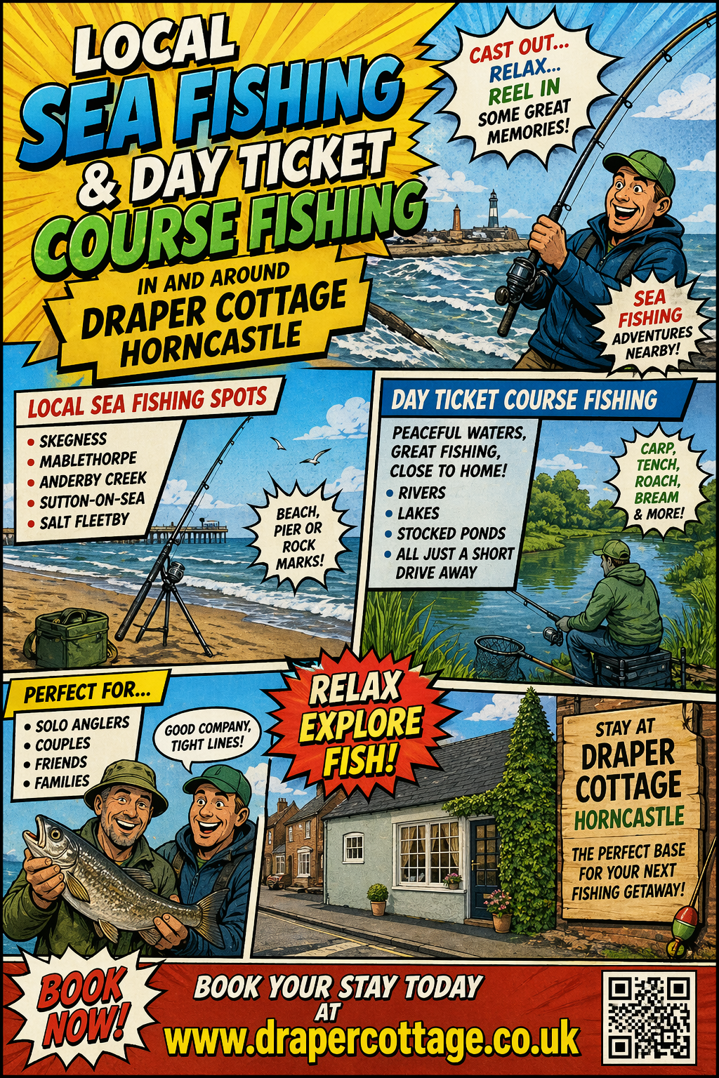 If you’re planning a relaxing fishing break in Lincolnshire, Draper Cottage in Horncastle is perfectly located near a range of well-stocked lakes and peaceful fishing spots.